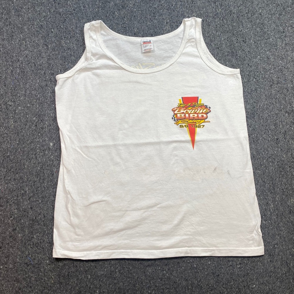 Bowtie Bird Racing Tank Top Sz L Womens White 90s Skater NHRA Drag Car Graphic